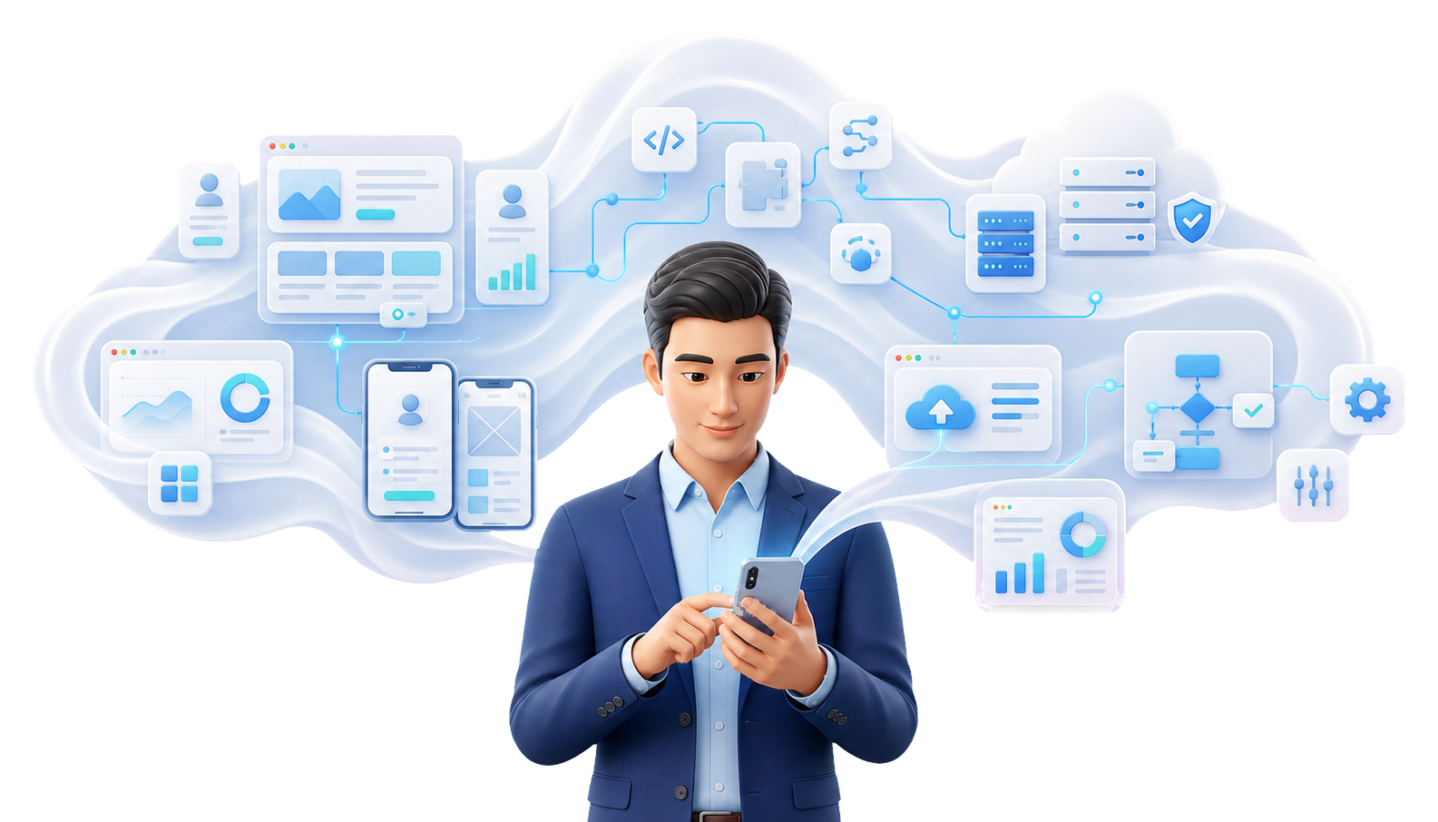 Linesstone service cloud with web, mobile, API, automation, and cloud delivery panels